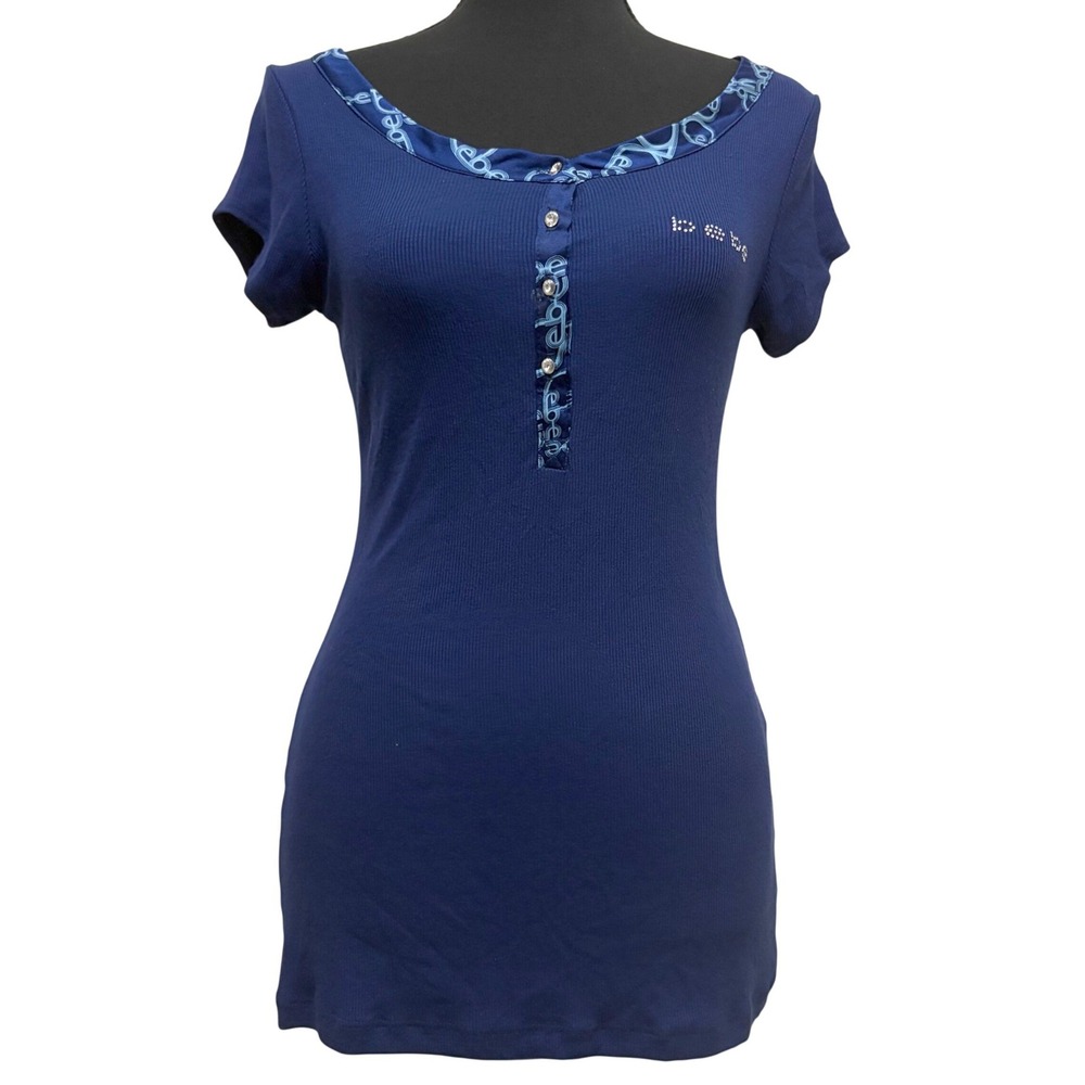Vintage Y2K Bebe Ribbed Henley Top L Navy Blue Rhinestone Silk Trim McBling USA